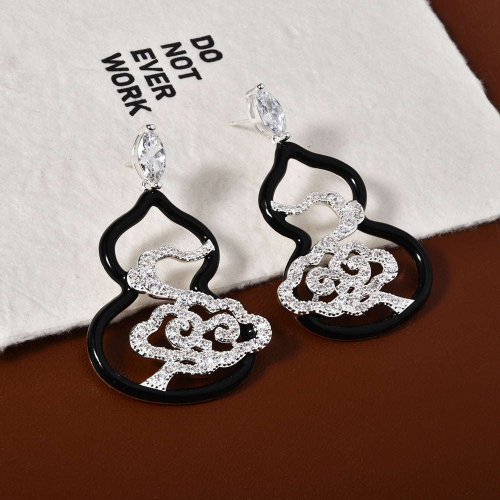 Full Diamond Auspicious Clouds Black Oil Dripping Gourd Earrings