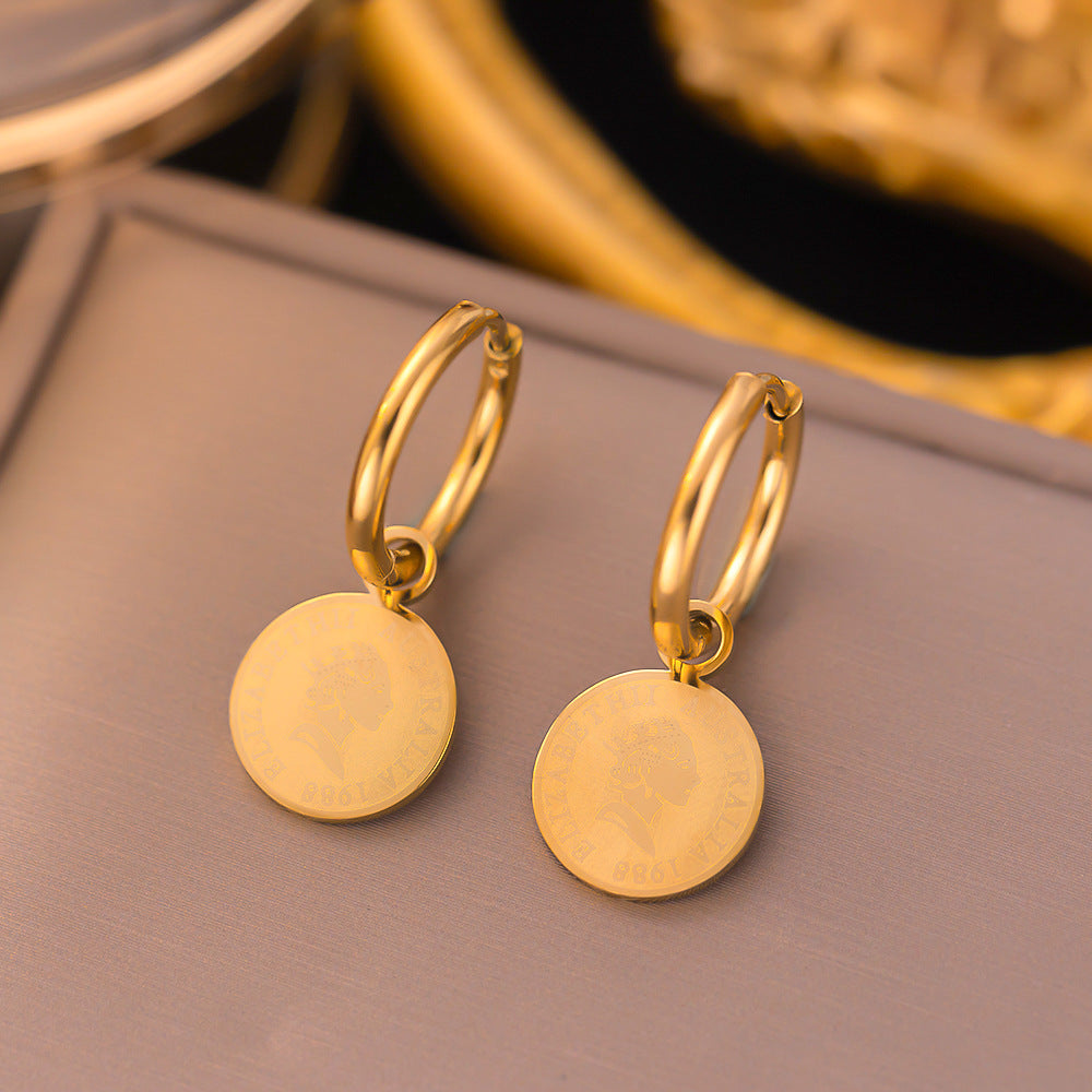 Rose Flower Square Portrait Elizabeth Gold Coin Titanium Steel Earrings