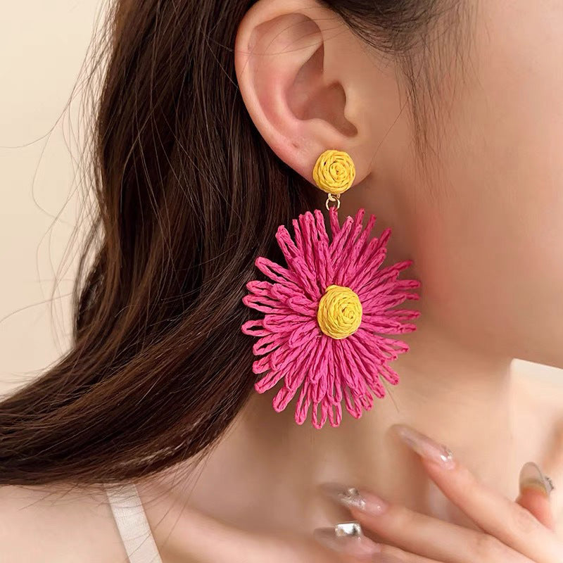 Female Raffia Summer High Sense Profile Fashion Graceful Vacation Stud Earrings