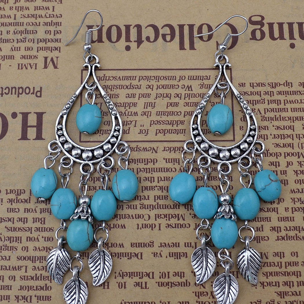Ethnic Style Small Leaf Branch Tassel Turquoise Long Rings