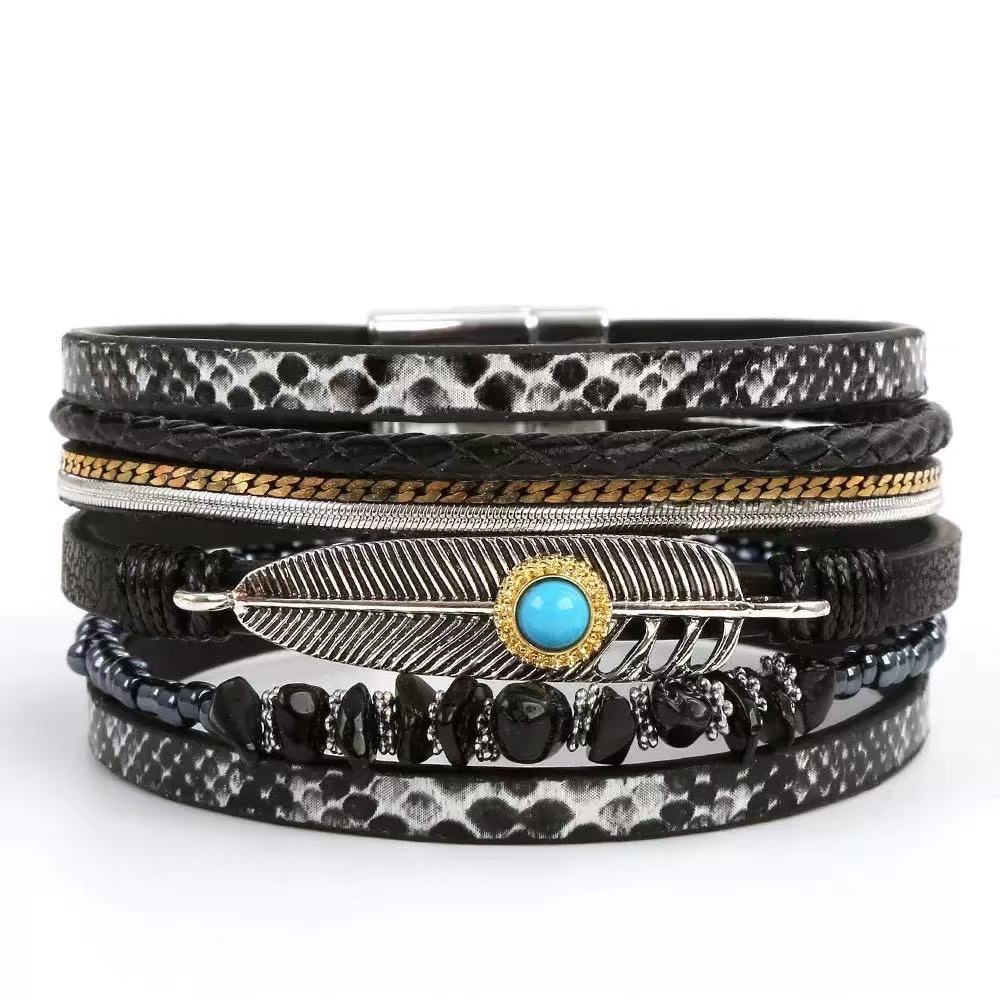 Women's Bohemian Style Gravel Feather Leather For Bracelet