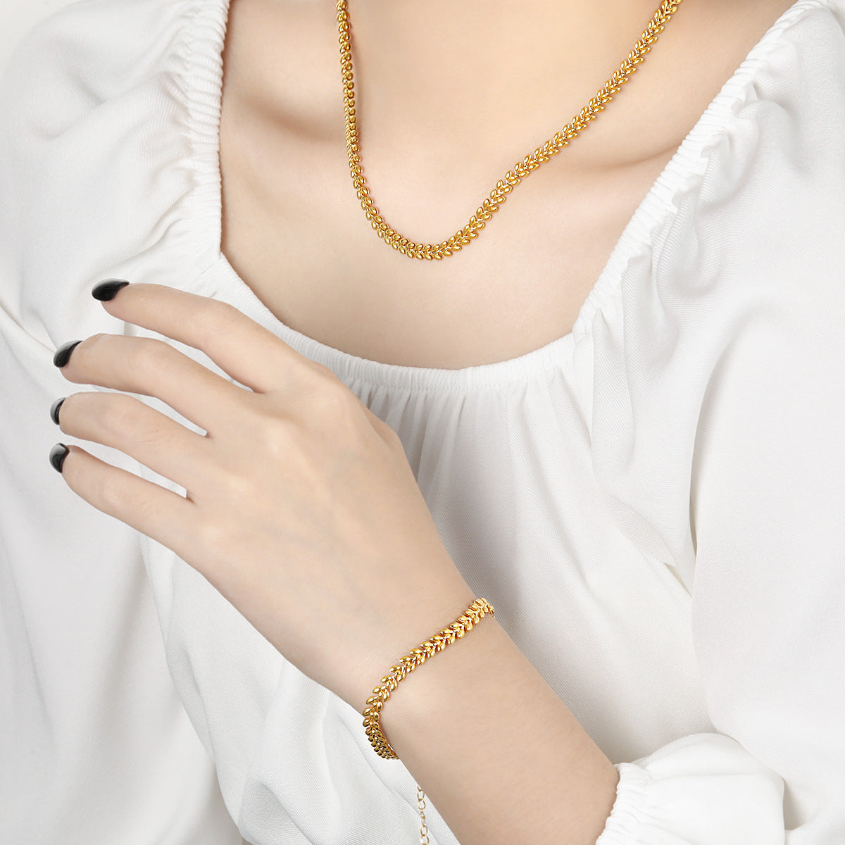 Wheat Leaf Titanium Steel Female Gold Jewelry Set