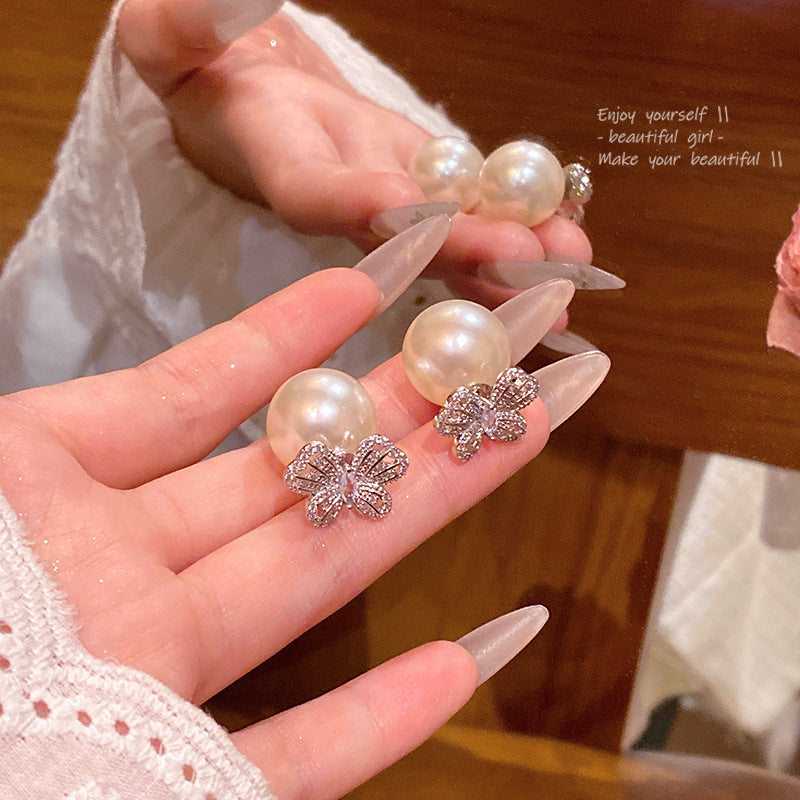 Sier Needle Zircon Pearl Advanced Fashion Bowknot Retro Earrings