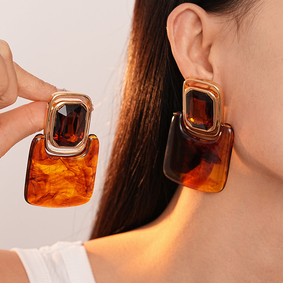 Women's Resin Diamond Square Sier Retro Exaggerated Personalized Earrings