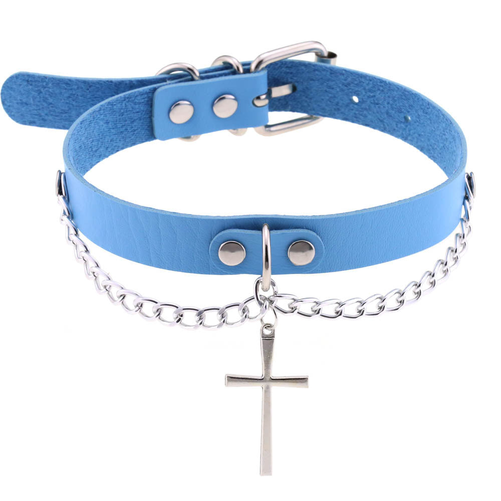 Leather Chain Cross Clavicle Classic Neckband Collar