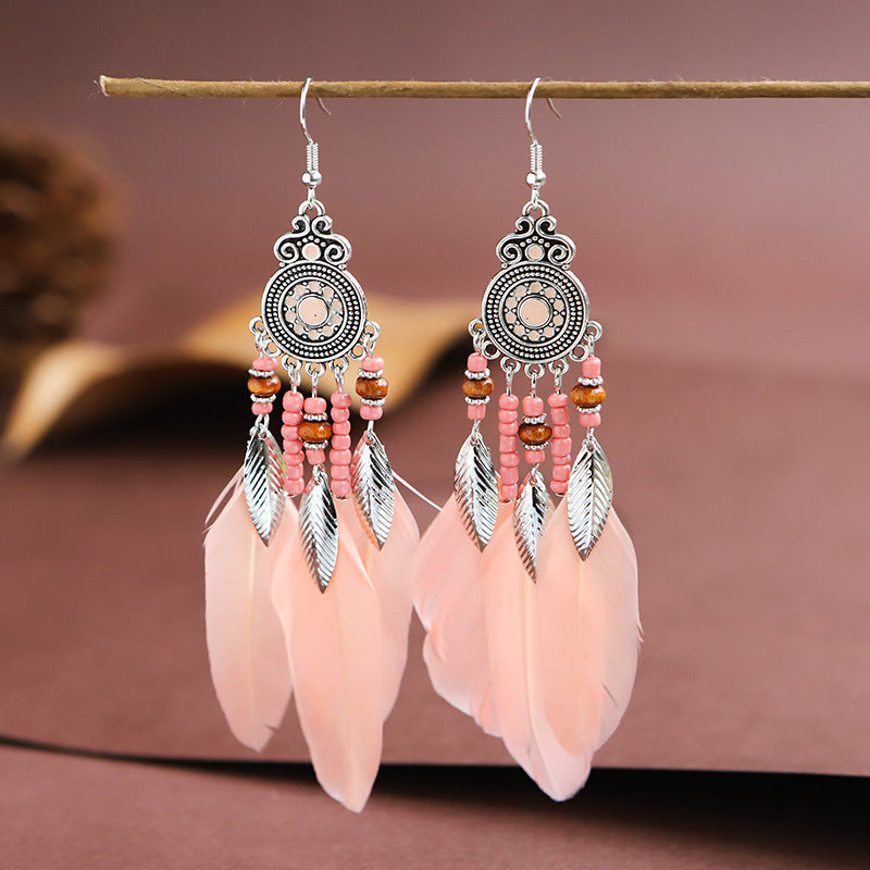 Feather Round Drop Oil Craft Retro Ethnic Earrings