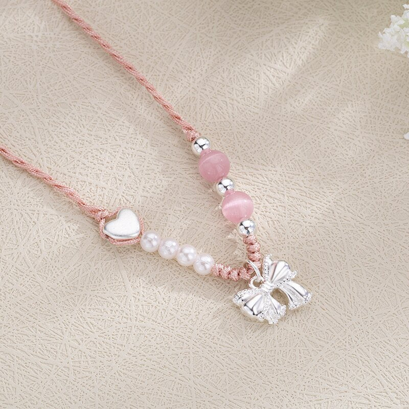 Bow Opal Woven Simple Heart Clavicle Necklaces