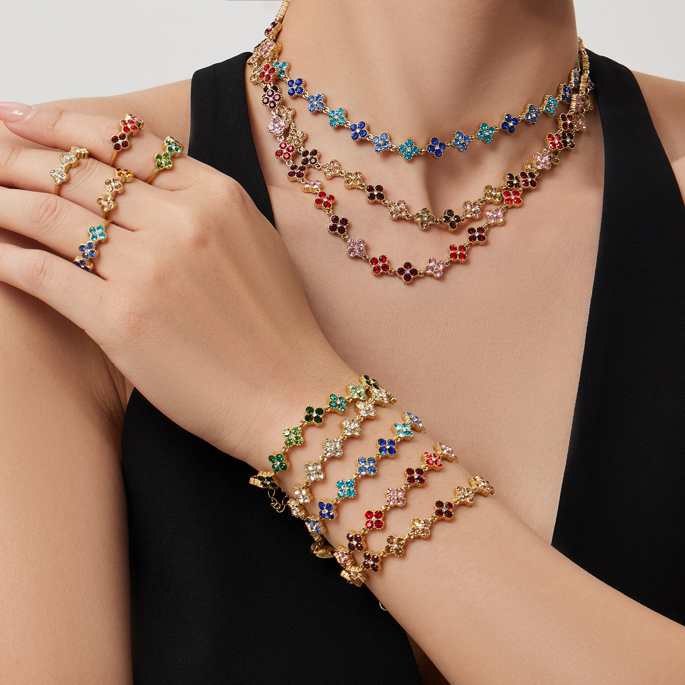 Elegant Color Inlaid Zircon Petal Clover Fashion Lady Jewelry Set