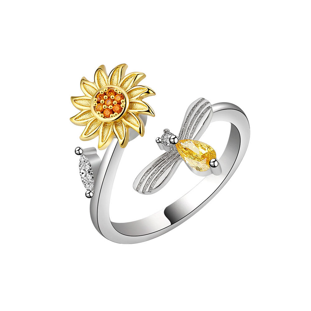 Women's Anxiety Spinning Opening Adjustable Rotating Flower Little Ring