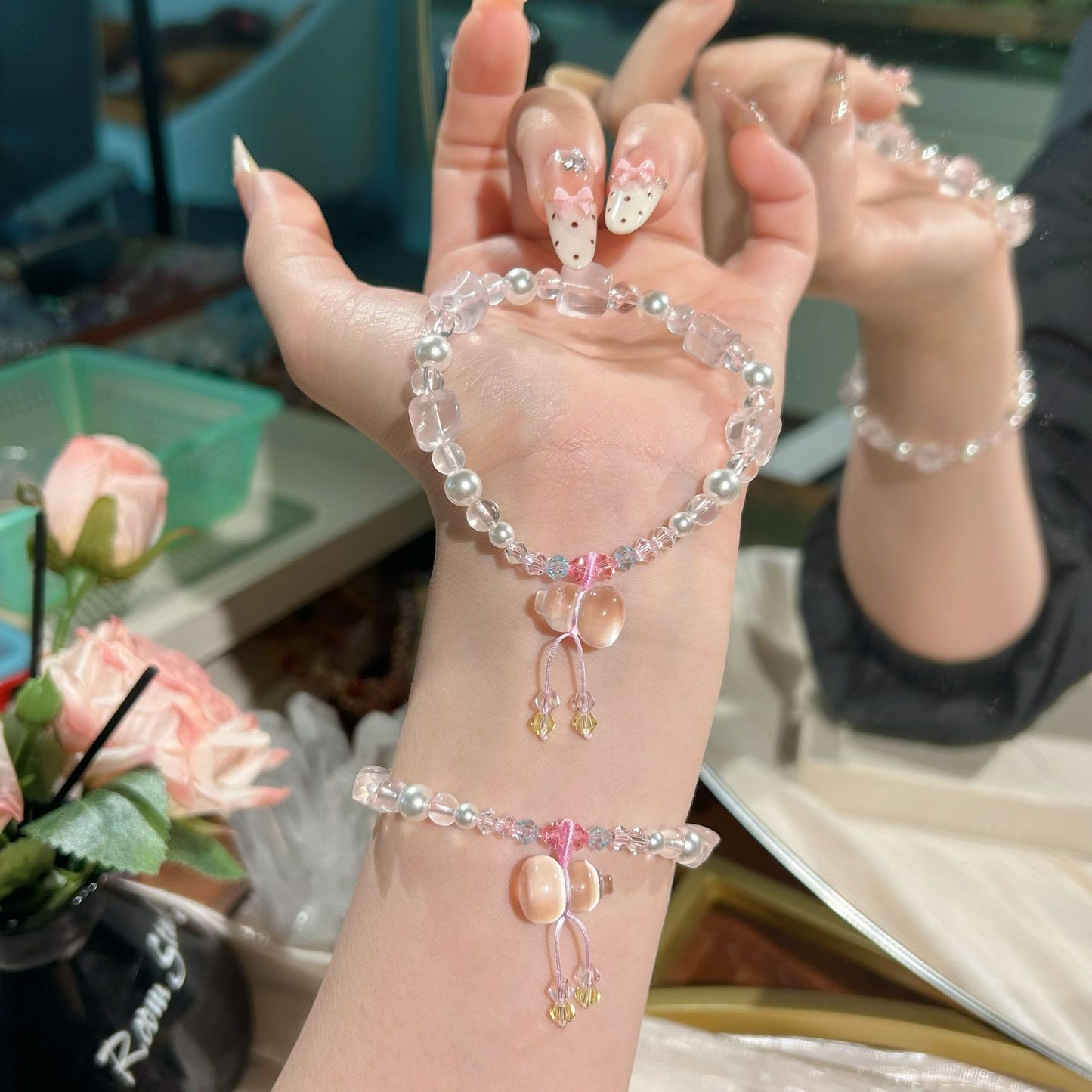 Women's White Crystal Matching Colored Gems Tassel Lucky Bracelets
