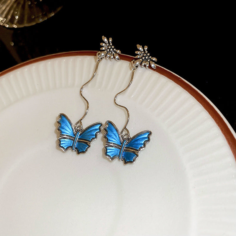 Blue Crystal Butterfly Flower Fashion Simple Fresh Light Luxury High Earrings