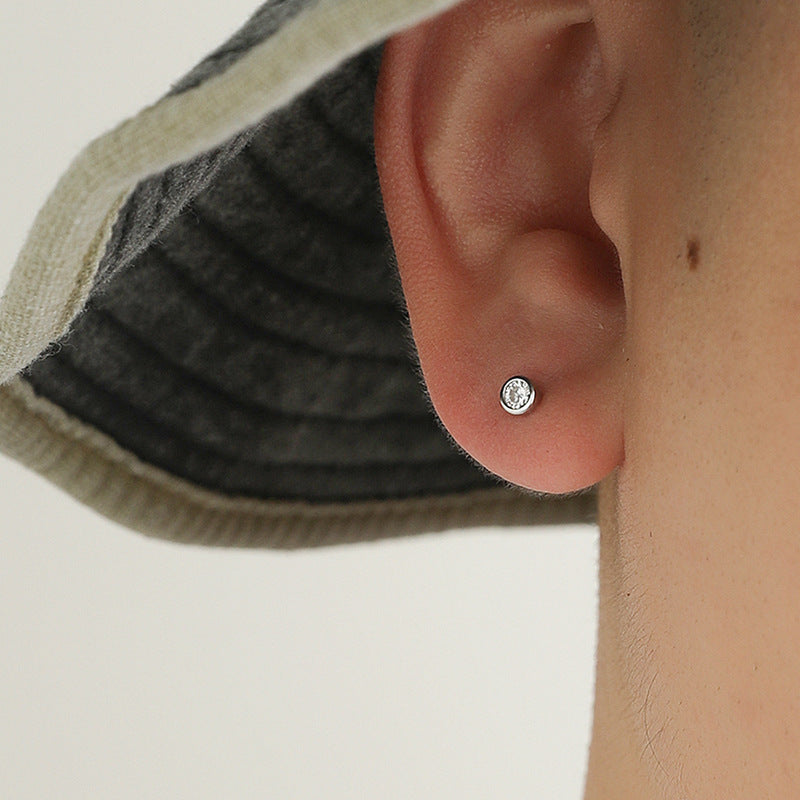 Men's Sier Needle Zircon Round Beads Thread Single Earrings