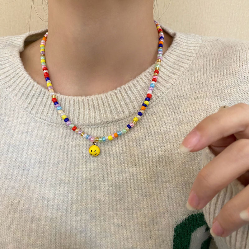 Style Rainbow Color Beads Stringed Smiley Necklaces