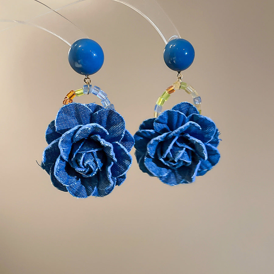 Women's Fresh Blue Fabric Flower Tassel Seaside Vacation Style Light Stud Earrings
