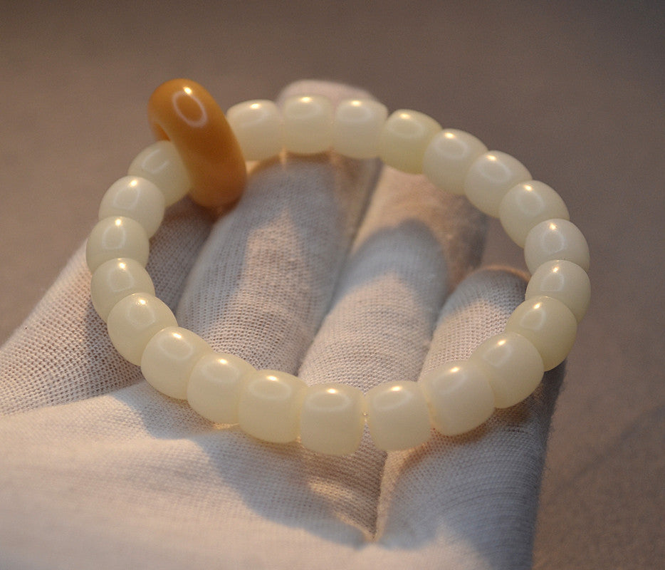 Straight Cut Barrel Beads White Corypha Weathered Bodhi Flexible Bracelet