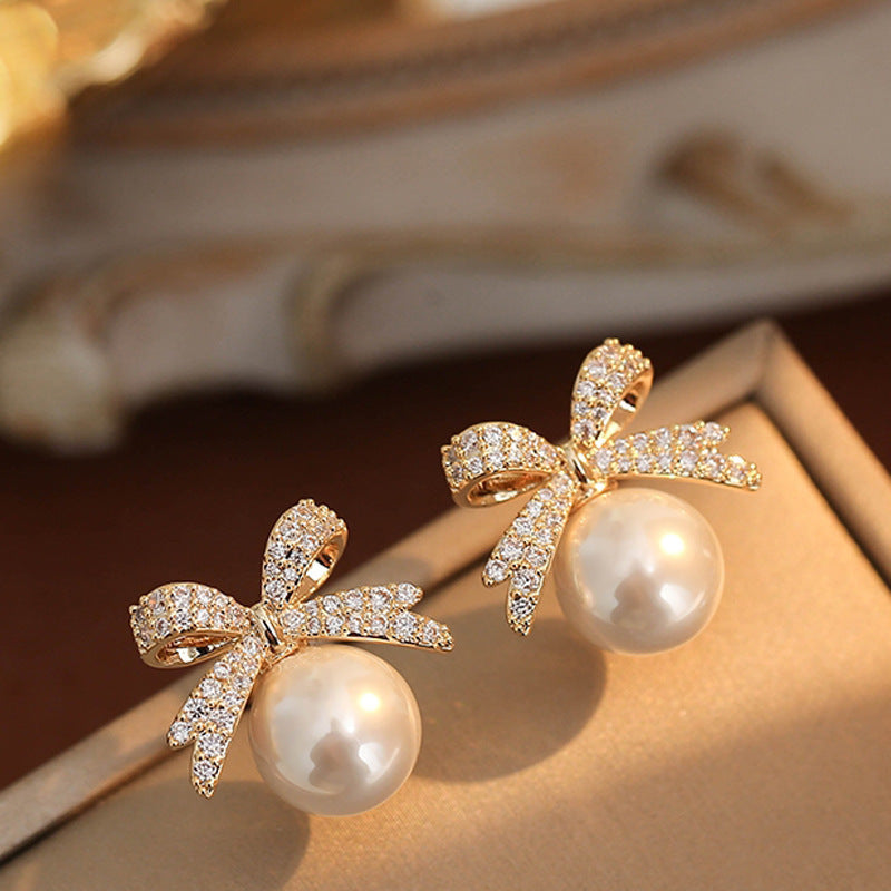 Women's Bowknot Pearl With Diamonds Temperament Wild Niche Design Stud Earrings