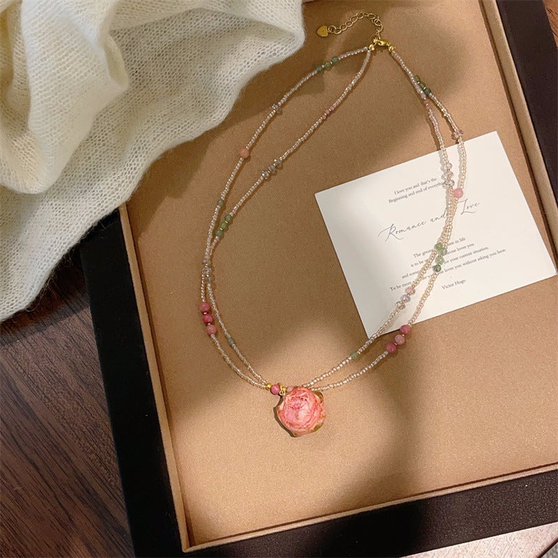 Czech Beads Real Flowers Rose Flower Vintage Twin Fresh Clavicle Necklaces