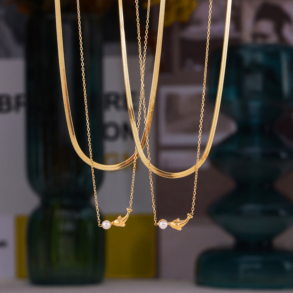 Clavicle Chain Female Personality Design Dolphin Shell Bead Titanium Pendants