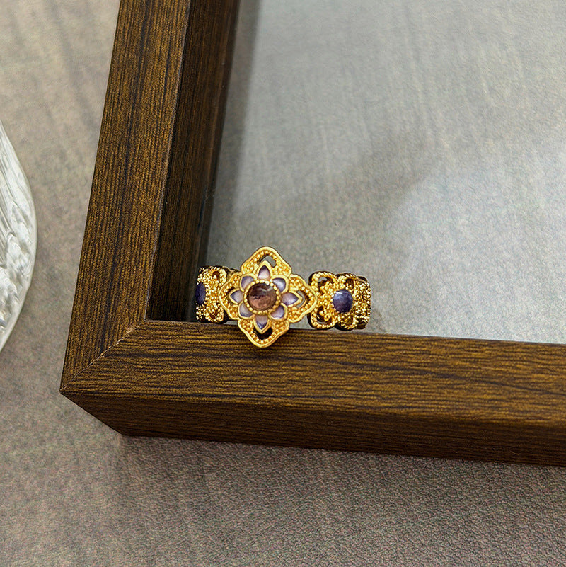 Luxury Retro Flower Auspicious Cloud Purple Enamel Open Niche Twin Rings