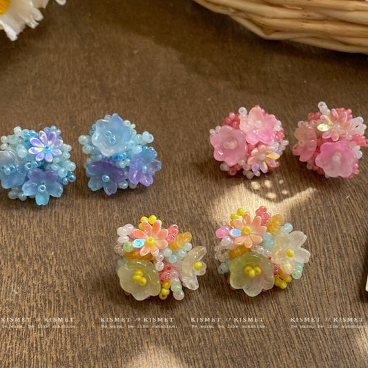 Spring Dopamine Beaded Flower Female Gradient Rings