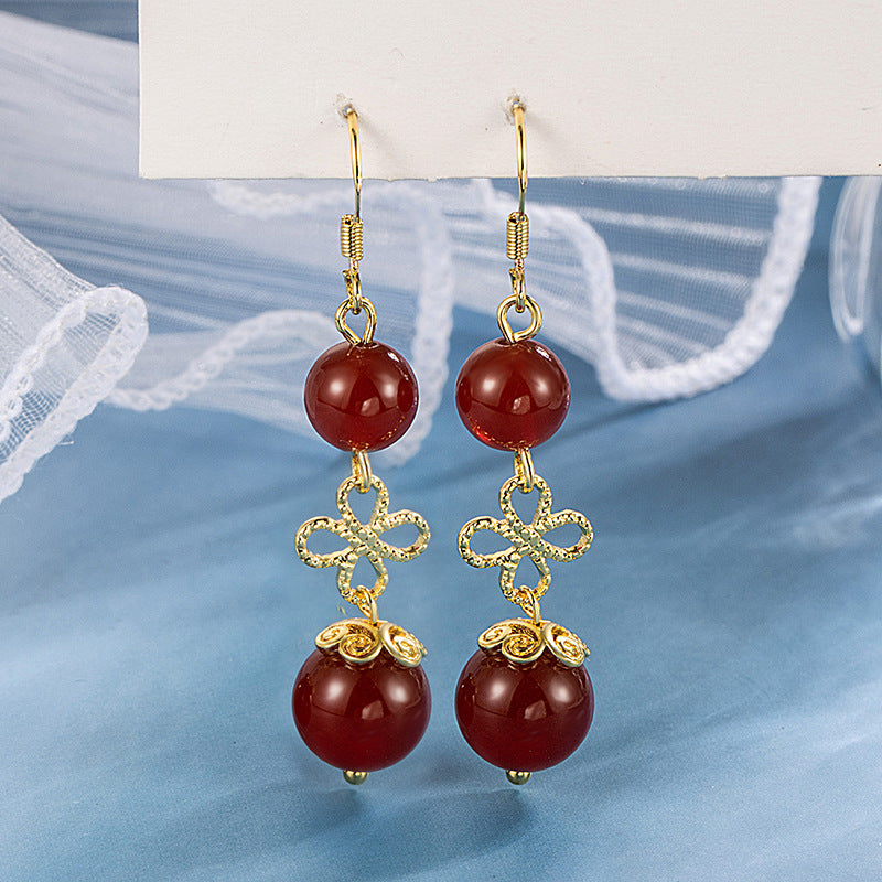 Women's Ancient Imitation Rose Chalcedony Red Agate Skirt Trendy Cheongsam Sweet Ear Hook