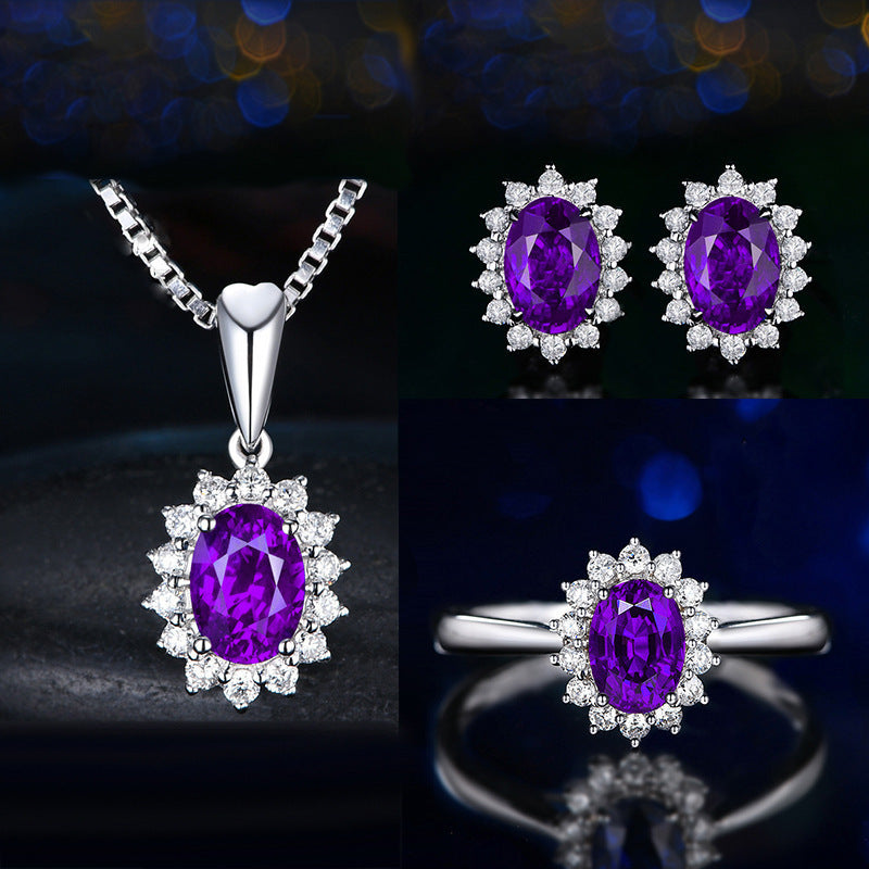 Live Broadcast Three-piece Colored Gems Ear Combination Personality Necklaces