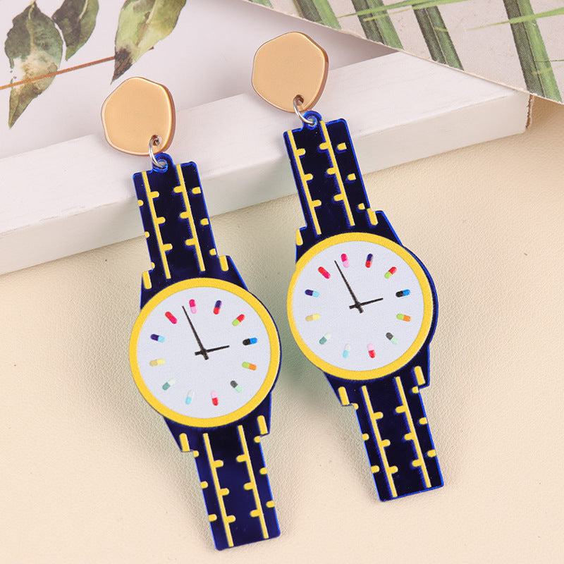 Women's Long Creative Color Mirror Watch Acrylic Earrings