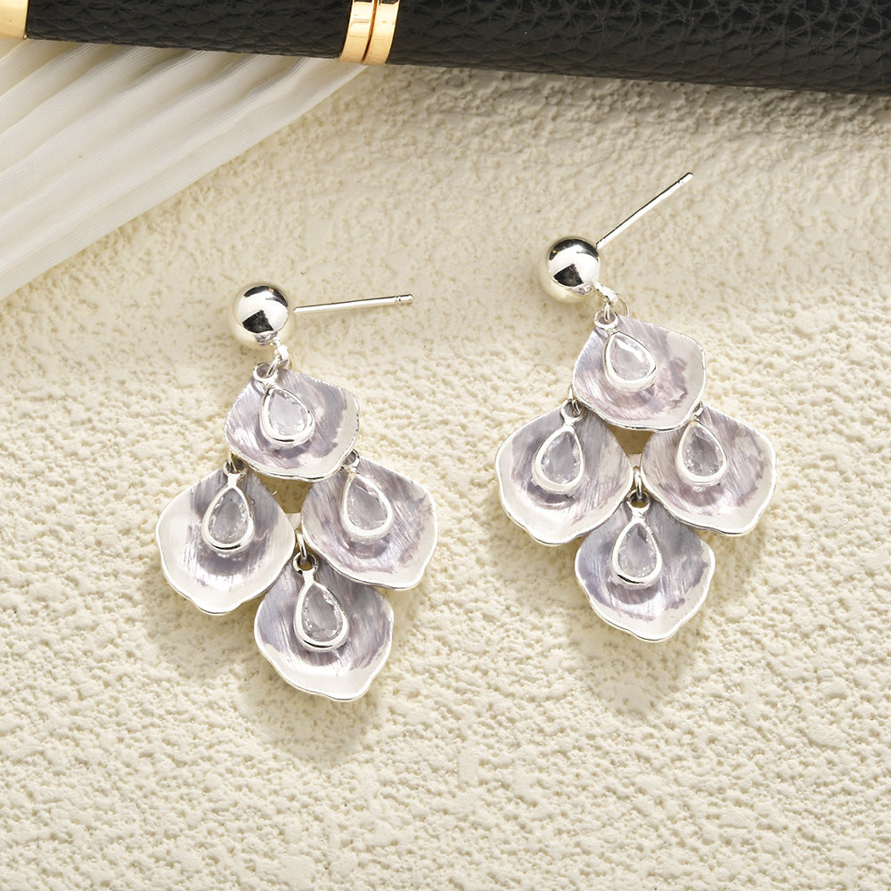 Petal Fringe Zircon Ear Fresh Sweet Mori Fairy Style Earrings