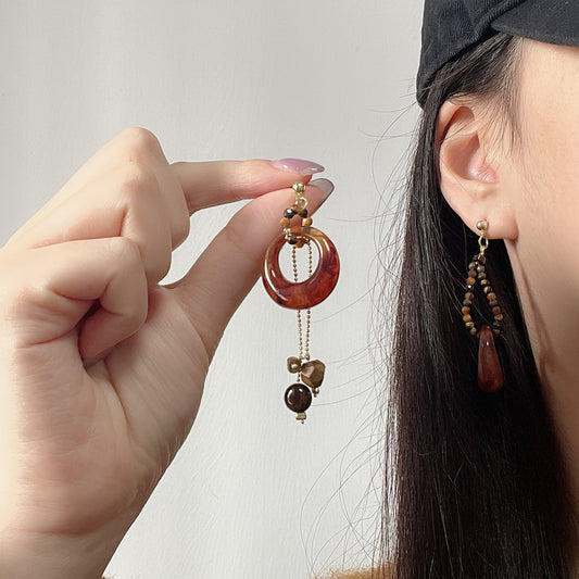 Women's Tigereye Asymmetric Beaded Ethnic Style Fashionable Design Sense Earrings