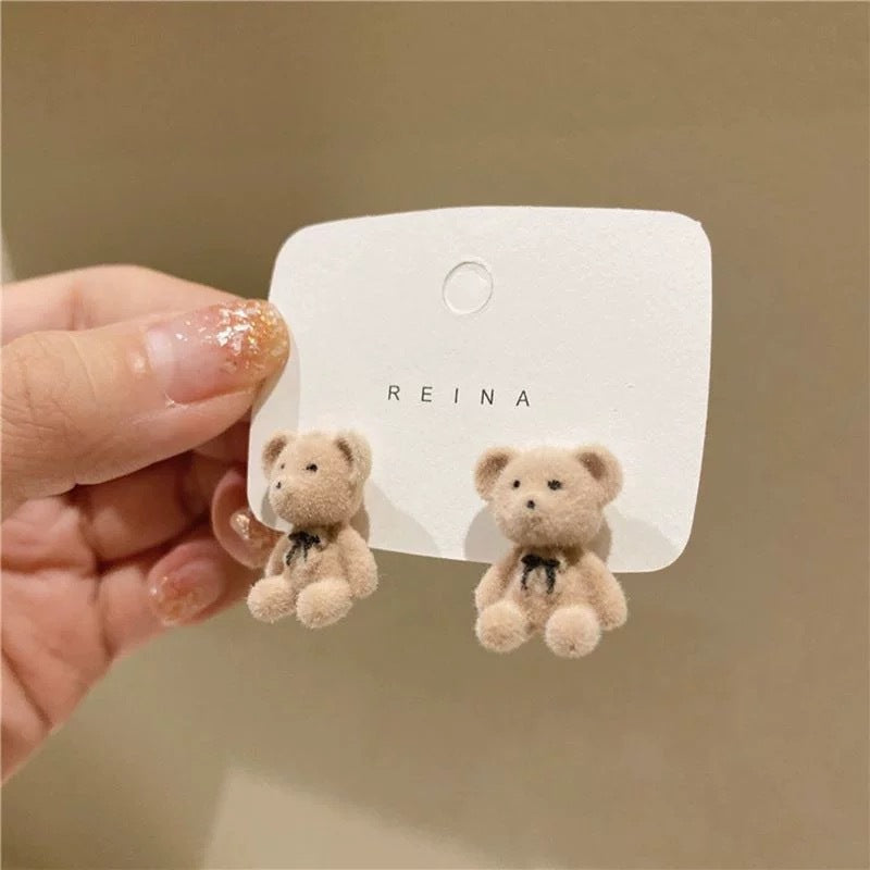Heart Bunny Korean Flocking Cute Bear Ear Stud Earrings