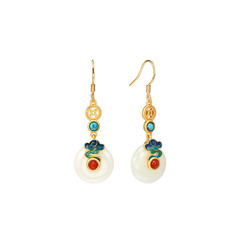 Jade Copper Coin Ear Hook Enamel Ancient Earrings
