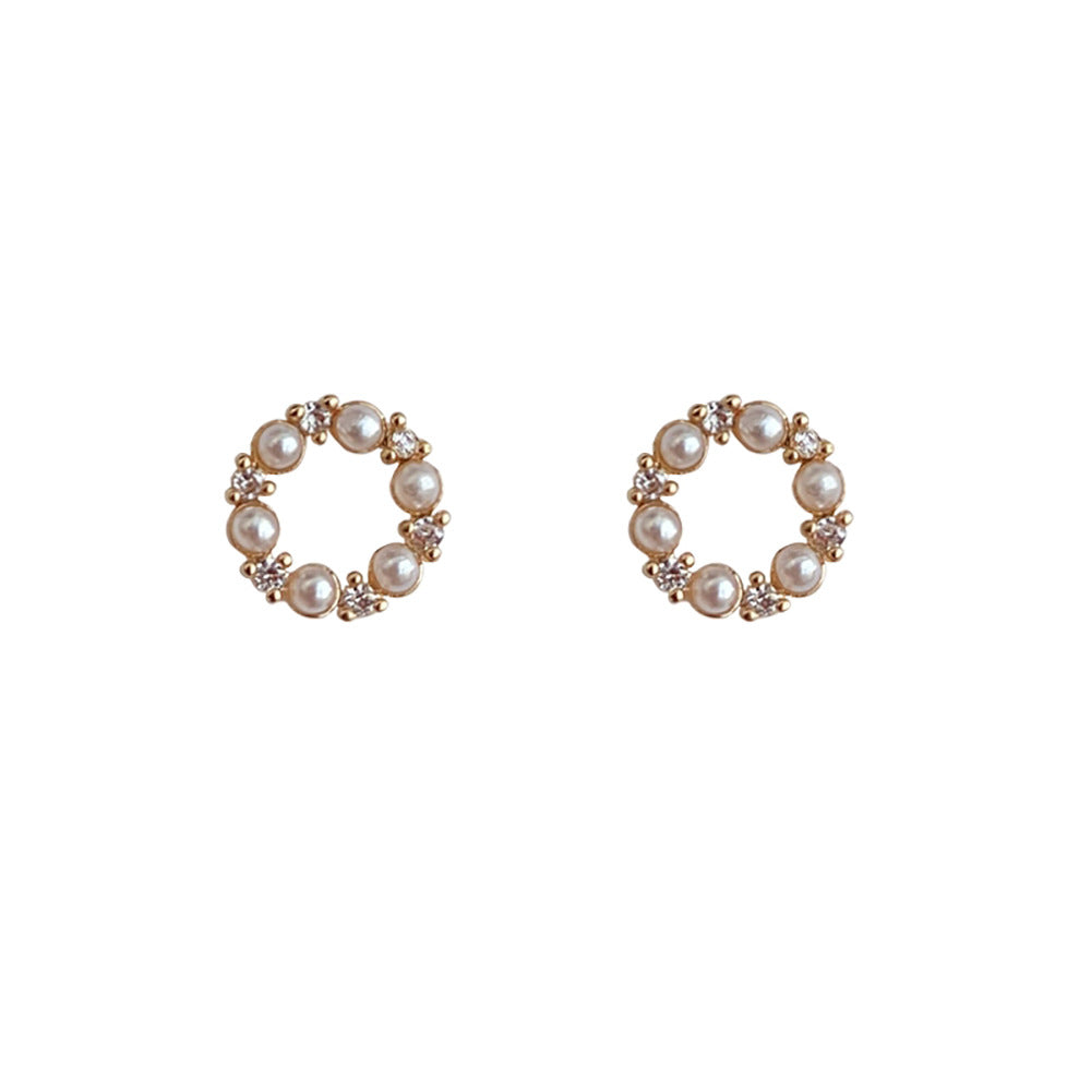 Sweet Micro Rhinestone Small Pearl Donut Earrings