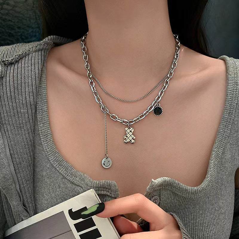 Double Layer Black Onyx Bear Female Hip Hop Smiley Face Necklace