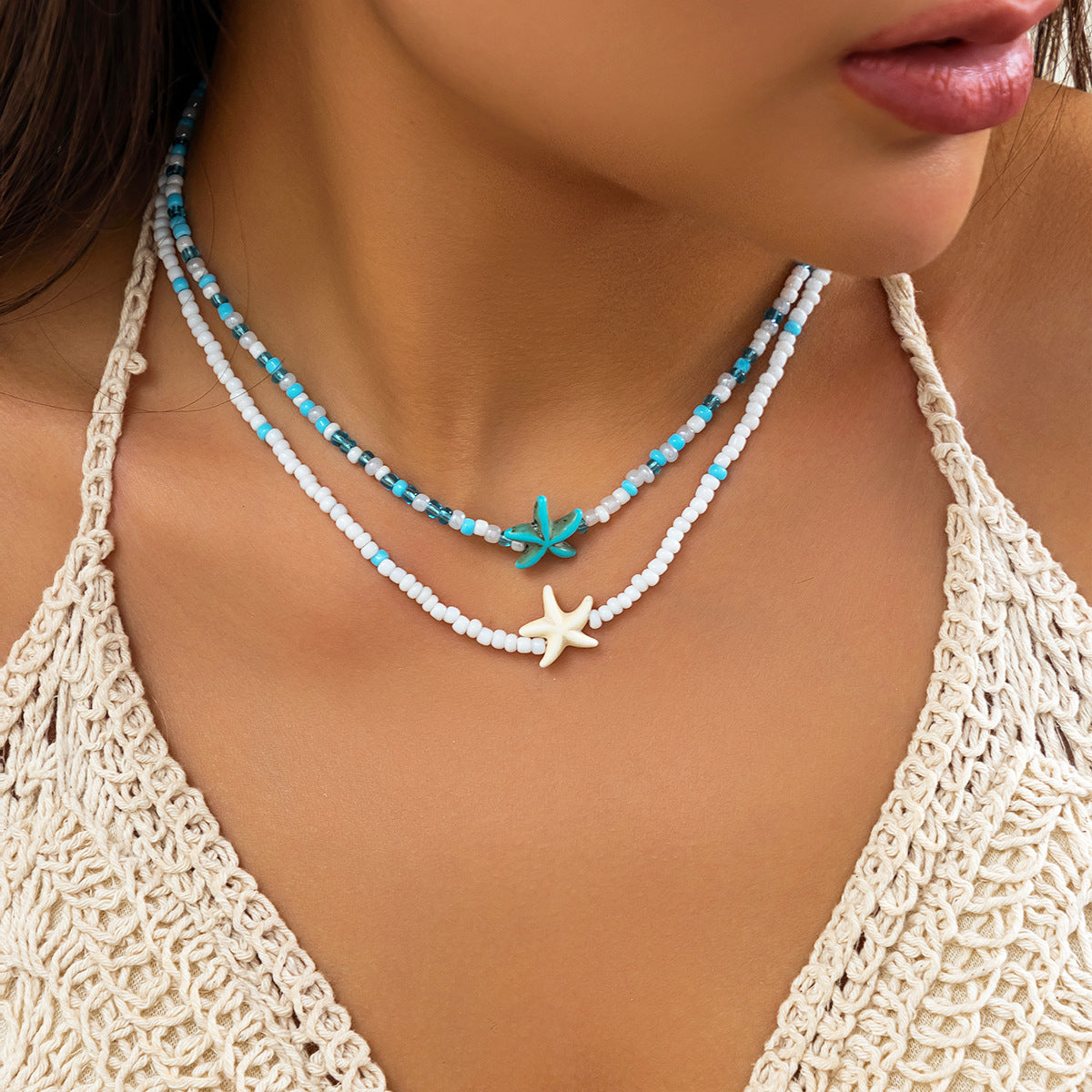 Women's Ocean Style Beads Stringed Clavicle Starfish Shell Necklaces