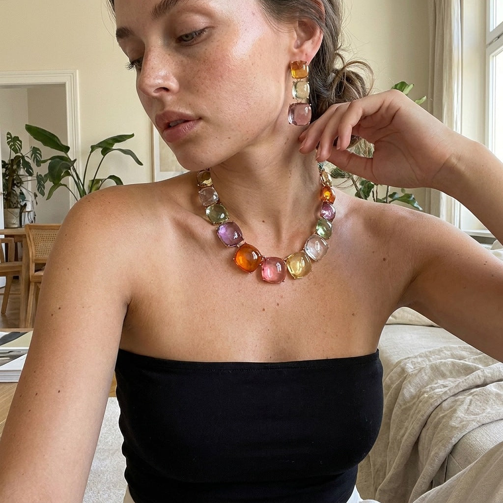 Cube Sugar Gem Female Light Luxury Temperament Color Crystal Dinner Jewelry Set