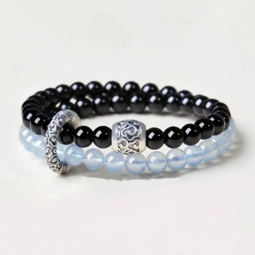 Women's & Men's Obsidian Aquamarine Double Crystal Lucky Beads Bracelets