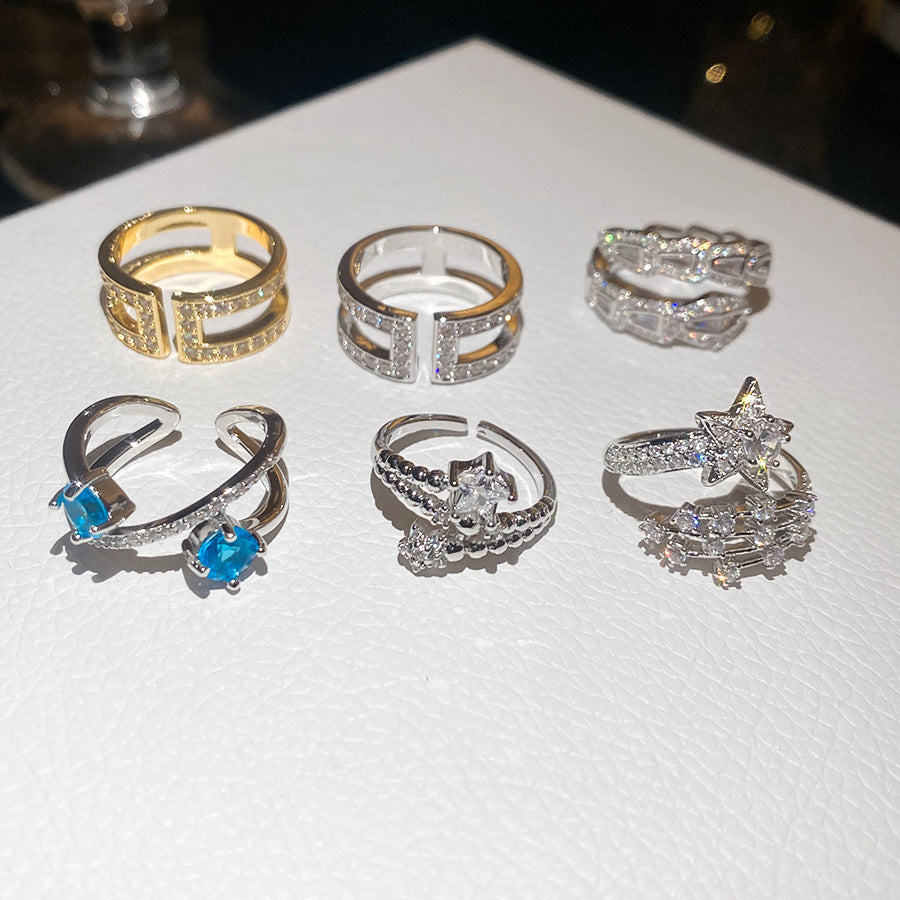Blue Zircon Cross Open Daily Simple Commute Style Light Luxury Rings