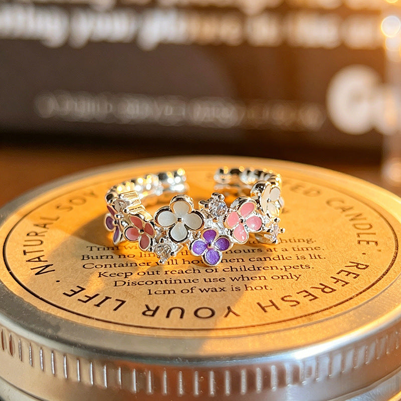 Matching Colored Gems Enamel Dopamine Flower Sweet Zircon Gentle White Rings