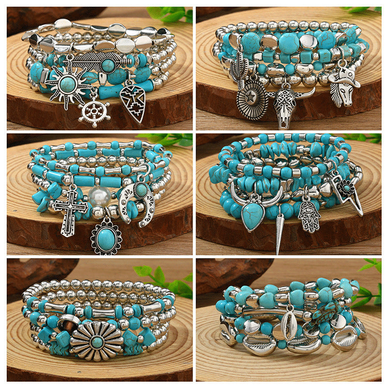 Women's Turquoise Handmade Beaded Bull Head Cowboy Hat Match Bracelet