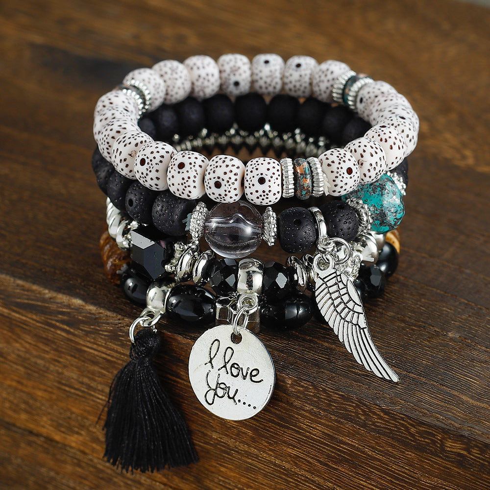 Combination Buddha Beads Simple Disc Heart Wings Tassel Bracelet