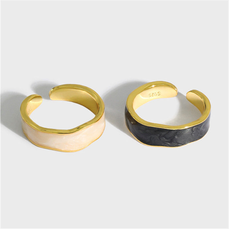 Black White Epoxy Open Female Tide Wave Concave Metal Rings