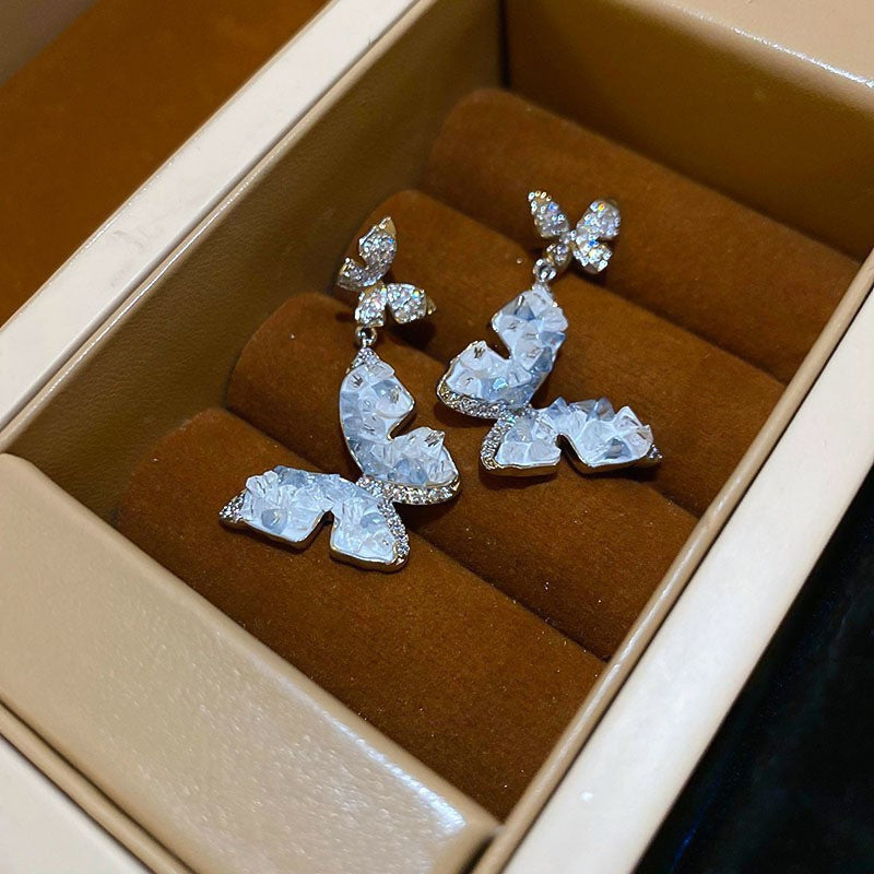 Blue Crystal Butterfly Flower Fashion Simple Fresh Light Luxury High Earrings