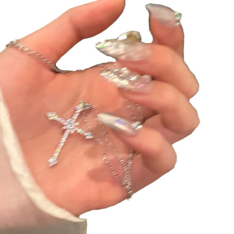 Full Diamond Asterism Cross Cold Style Sweet Necklaces