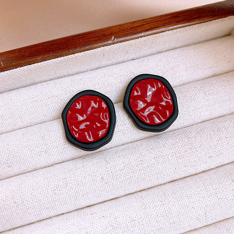 Women's Sier Needle Red Geometric Ear Korean Earrings