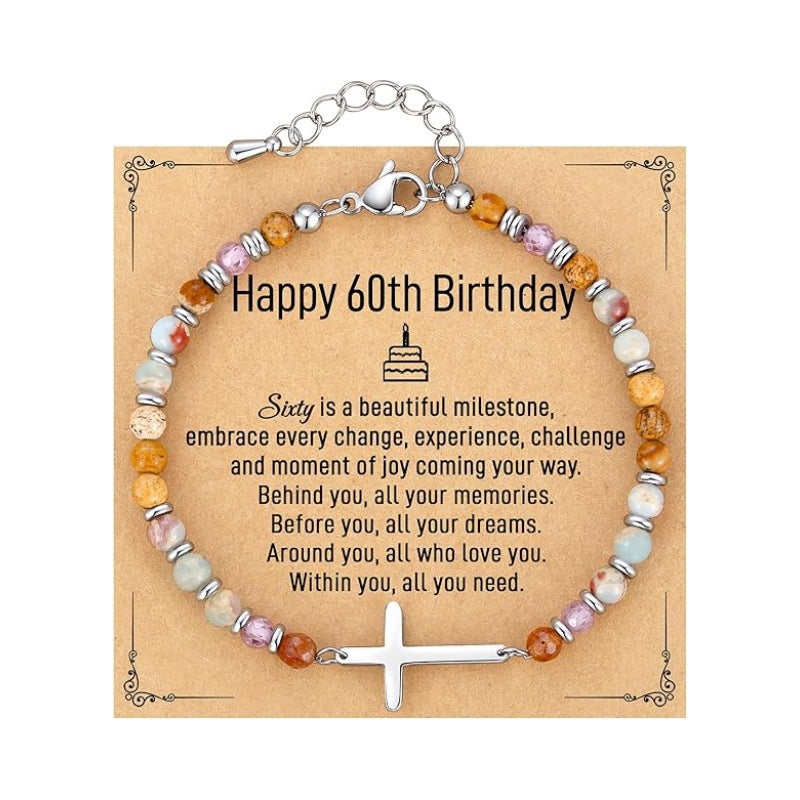 Women's Natural Stone Beaded Cross Lobster Buckle Adjustable Band Bracelet