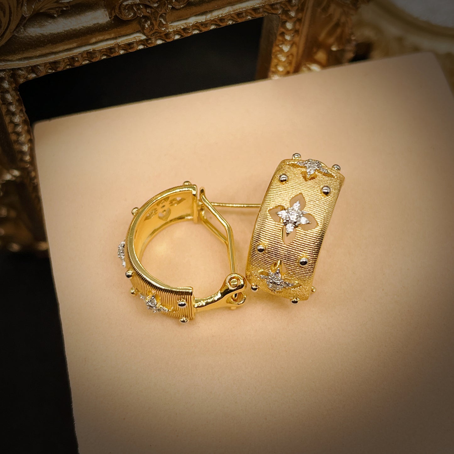 Handmade Brushed Palace Style Two-color Gold Craft Real Earrings