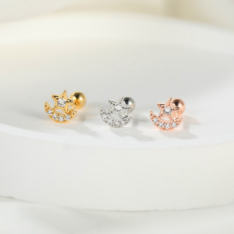 Fashion Lady Micro Inlaid Zircon Rose Gold Plating Star Moon Stud Earrings