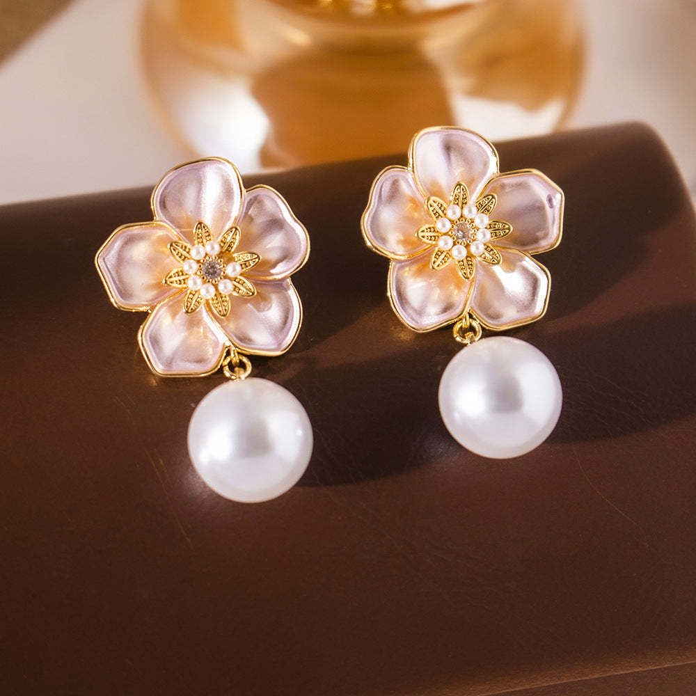 Inlaid Zircon Flower Elegant High-grade Pearl Earrings