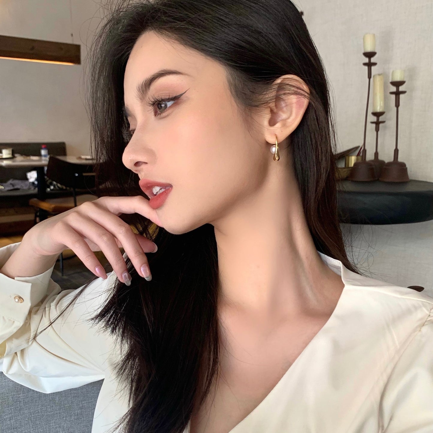 Golden Water Drop Artificial Pearl Female Temperamental Cold Style High-grade Earrings