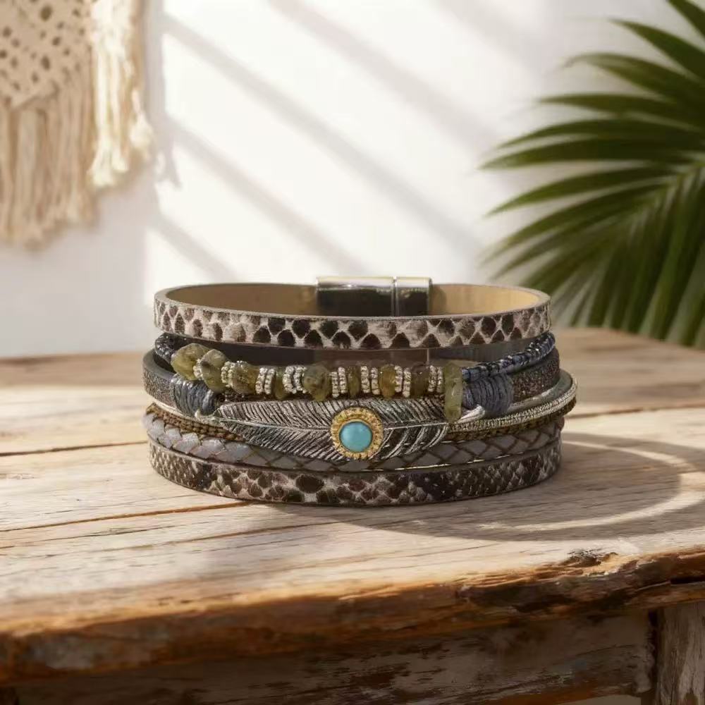 Women's Bohemian Style Gravel Feather Leather For Bracelet
